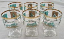 Vintage MCM Libbey Steamboat Footed Glass Teal & Gold Southern Comfort Lot Of 6