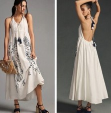 New Farm Rio Anthropologie Embroidered Halter L 12 /14 White Toucan Floral Maxi