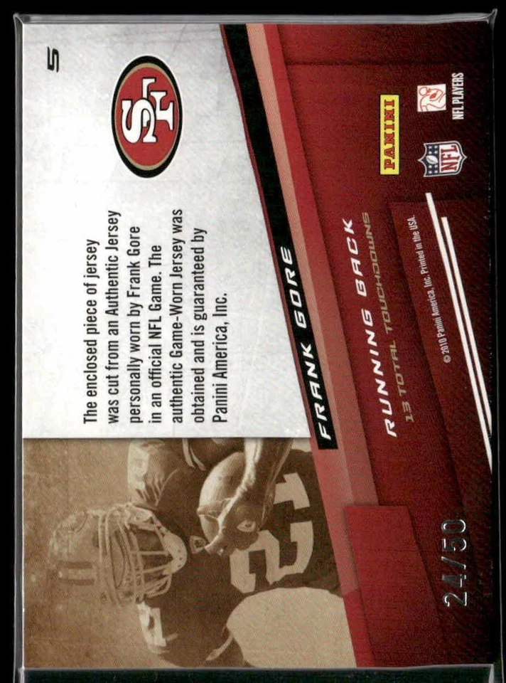 2010 Panini Prestige #5 Frank Gore Touchdown Sensations Materials Prime #/50 - Image 2 of 2