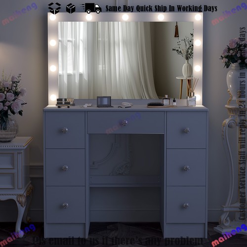 Large LED Lighted Mirror Makeup Dressing Desk Vanity Table with 7 Drawers White - Picture 7 of 12