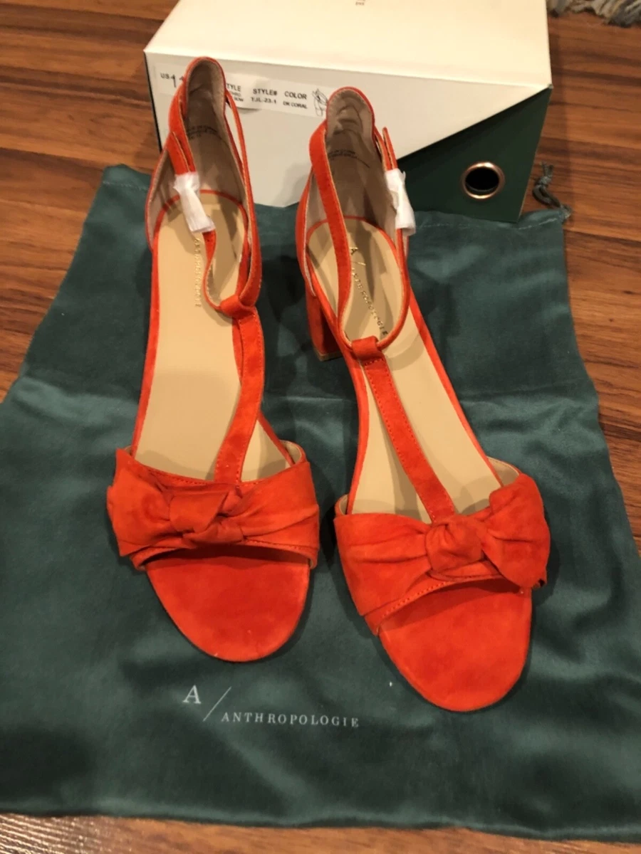 ANTHROPOLOGIE NEW T Strap Heels Suede Sandals Orange Coral sz US