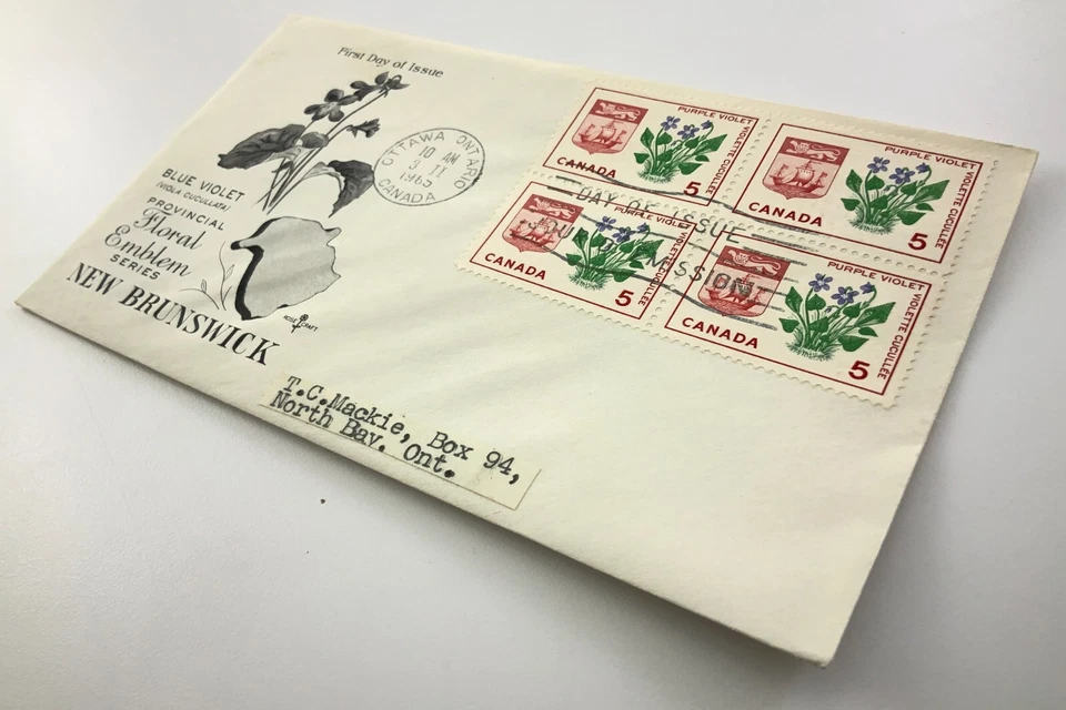 Azul Violeta Provincial Floral Emblema Nuevo Brunswick FDC Primer Día 1965 EE083 Foto 4 de 4