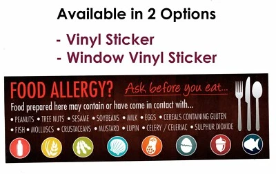 MILETA Food Allergy Sign Sticker Restaurant Bar Allergen Warning Notice 200mm x 65mm
