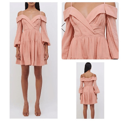New! SIMKHAI Bihari Off-The-Shoulder Tiered Long-Sleeve Mini Dress XS MRSP $398
