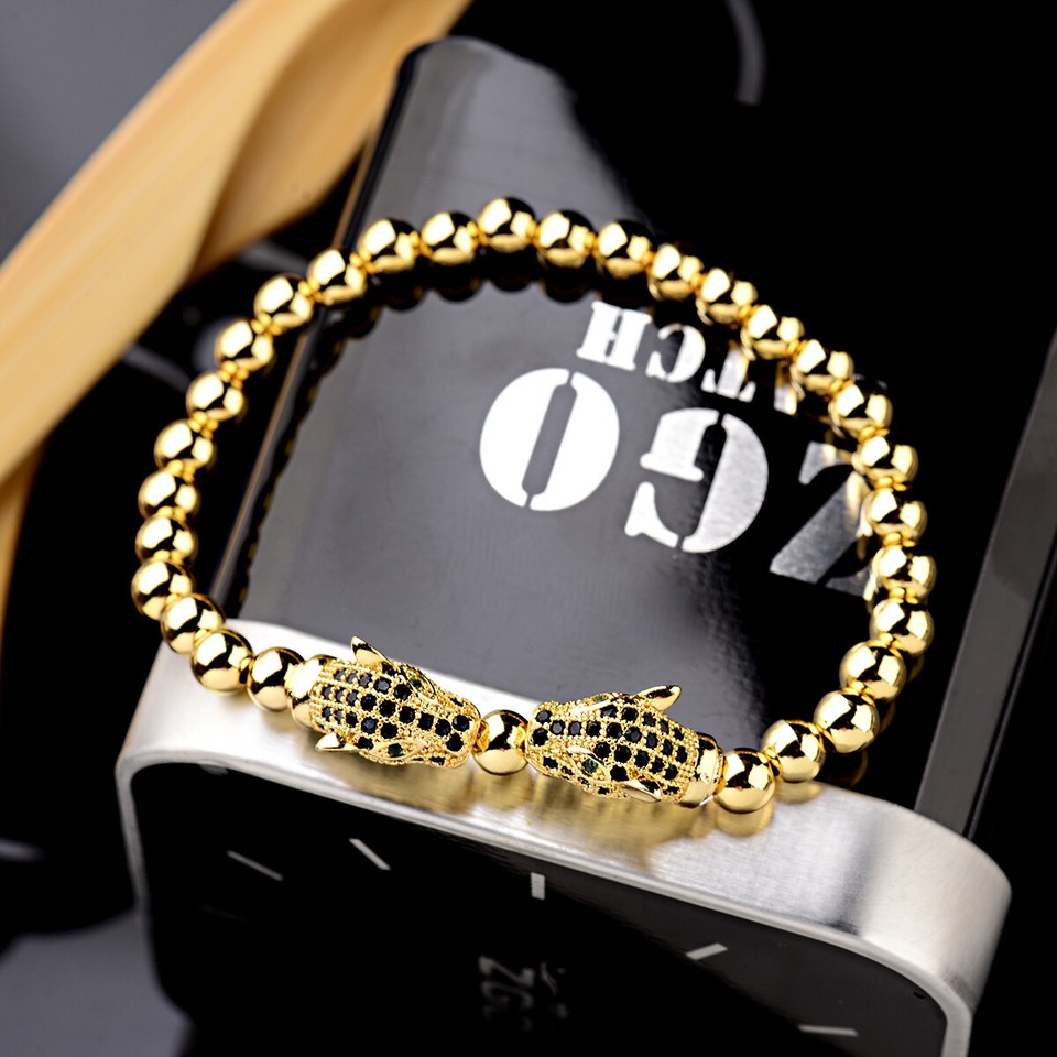 Mens Panther Bracelet Men's Fashion Bracelet – Rhodium Plated Panther/Leopard Head Beaded Stretch Design Men's Beaded Bracelet - Foto 6