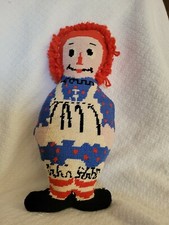 Hand Made Needlepoint Raggedy Ann w/ Yarn Hair 15" Tall 6" Across 2" Wide
