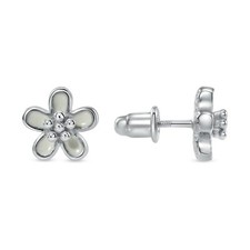 925 Sterling Silver White Flower Enamel CZ Stud Earring Nickel Free Anti Tarnish