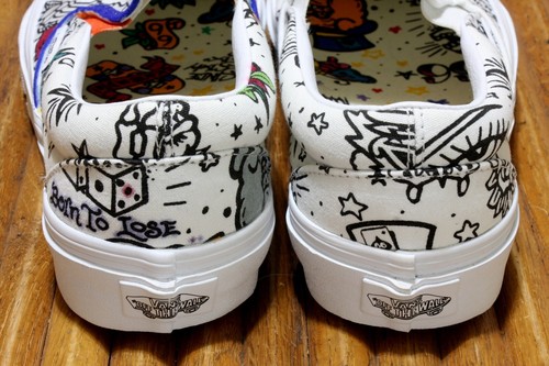 Vans Shoes Off The Wall Born To Lose White Tattoo Slip Ons Men's 6.5 Women's 8 - Picture 7 of 8