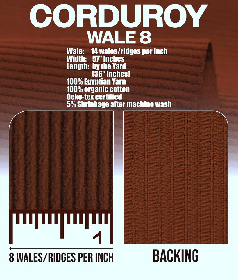 Corduroy Fabric 8 Wale Apparel 290-300GSM Solid Color by Continuous Yard 58" W - Image 2 of 4