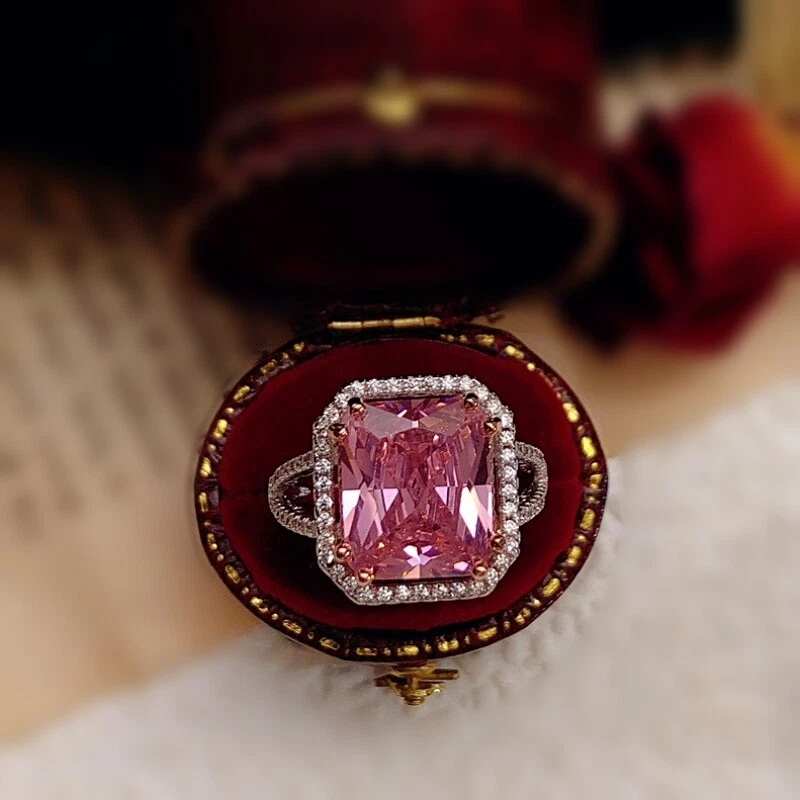 Anillo Banda Cuadrada Oro Blanco 18k Relleno Simulado Rosa Rubí Corte Radiante Dije V Foto 4 de 4