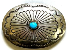 Vinatge Native American SS Belt Buckle with Turquoise Bezel Set Stone 25.1 Grams