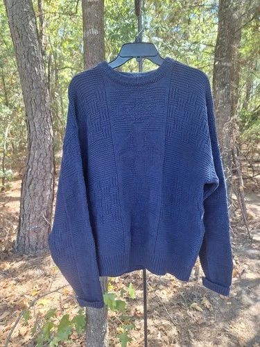 Vintage Structure 100% Cotton Cable-Knit Sweater Blue Size L Regular Fit