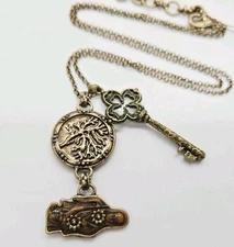 LUCKY BRAND Key Pendant Charm Necklace Antique Brass Dangle 26 in