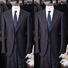 Navy Blue Striped Men's Suits Peak Lapel Business Wedding Groom Tuxedo Two Piece