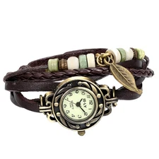 Women Quartz Bracelet Watch Fashion Weave Wrap Around Leather Wrist leaf-brown