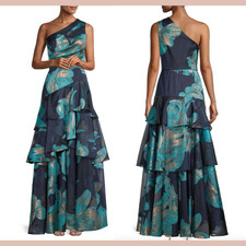 NWT Aidan Mattox  10  One Shoulder Tiered Ruffle A-Line Metallic Gown J2006