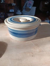 YELLOWARE WITH BLUE STRIPE BUTTER CROCK & LID. 990