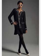 Endless Rose XSP Black White Trim Knit Button-Front Long Sleeve Sweater Dress