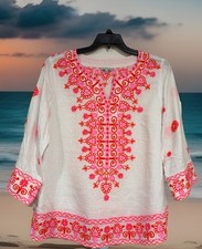 John Mark Embroidered  White Linen Shirt Floral Womens Large Boho Top