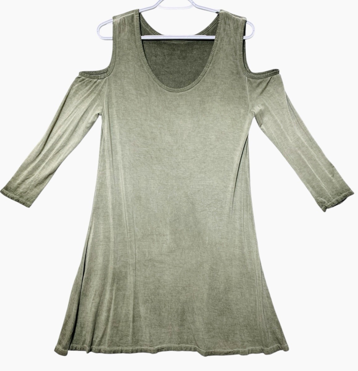 NT By Amati Green Dress Cold Shoulder Midi Distressed Medium/Large -NEW