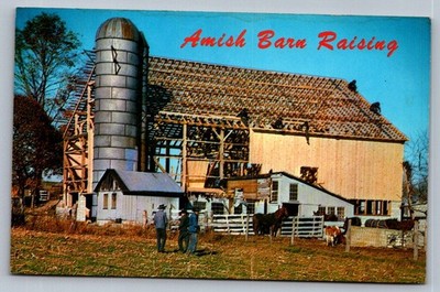 Postcard 1960s Lancaster, PA Amish Barn Raising