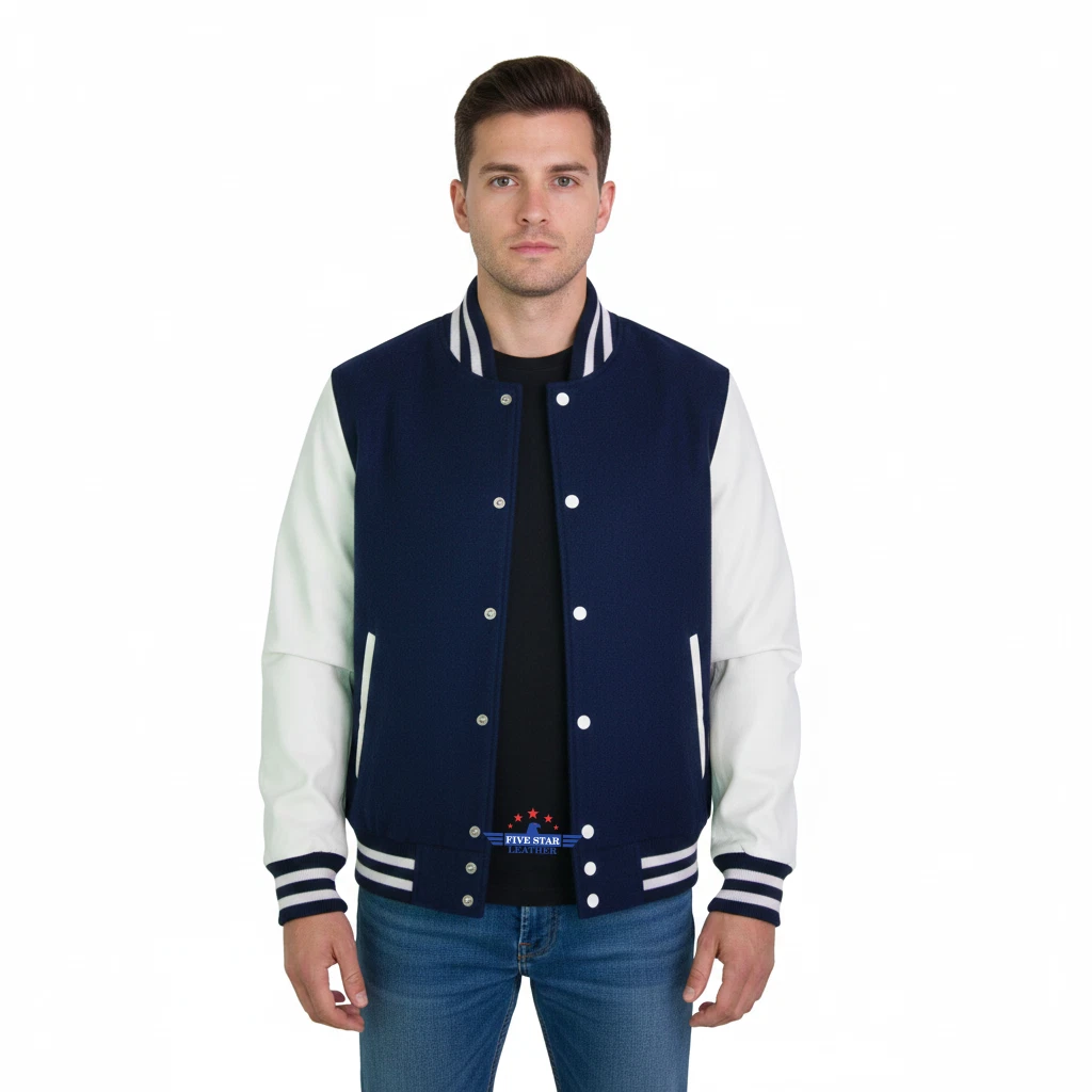 Men Real Leather Sleeve Varsity Baseball Bomber College Wool Jacket Blue & White