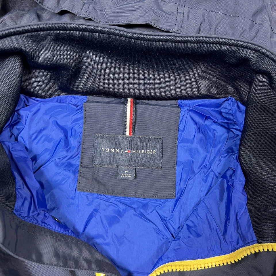 Tommy Hilfiger Jacket Mens Medium Blue Hooded Windbreaker Geometric Logo Pockets - Image 2 of 4