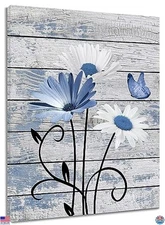 Farmhouse Floral Wall Art, Blue White Daisy Butterfly, Rustic Canvas 16x12