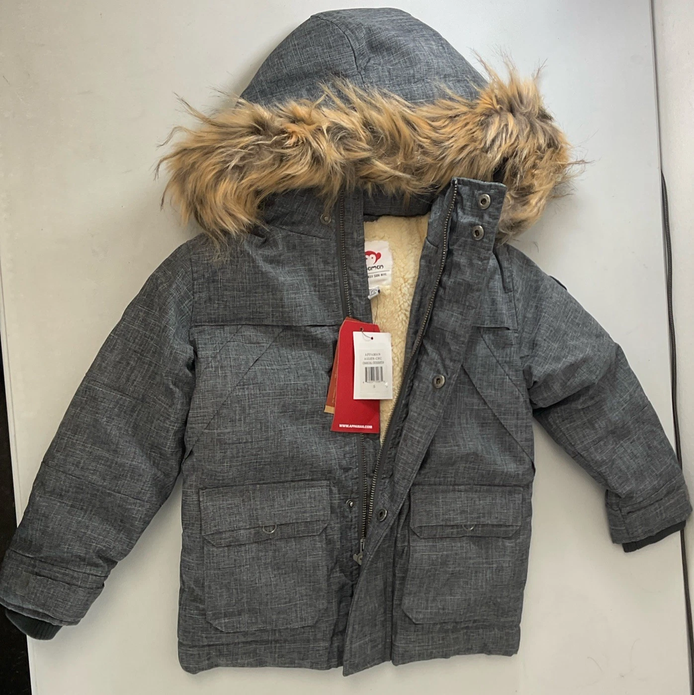 Appaman Boys Insulated /Fleece Lined Denali Down Coat Faux Fur Hood - Size 5