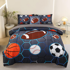4 Pcs Sports Bedding Set for Boys Twin, Basketball Baseball Football Soccer Bedd