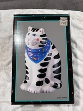 COCO Dowley Ceramic White & Black Stripes Kitty Cat Cookie Jar with BOX