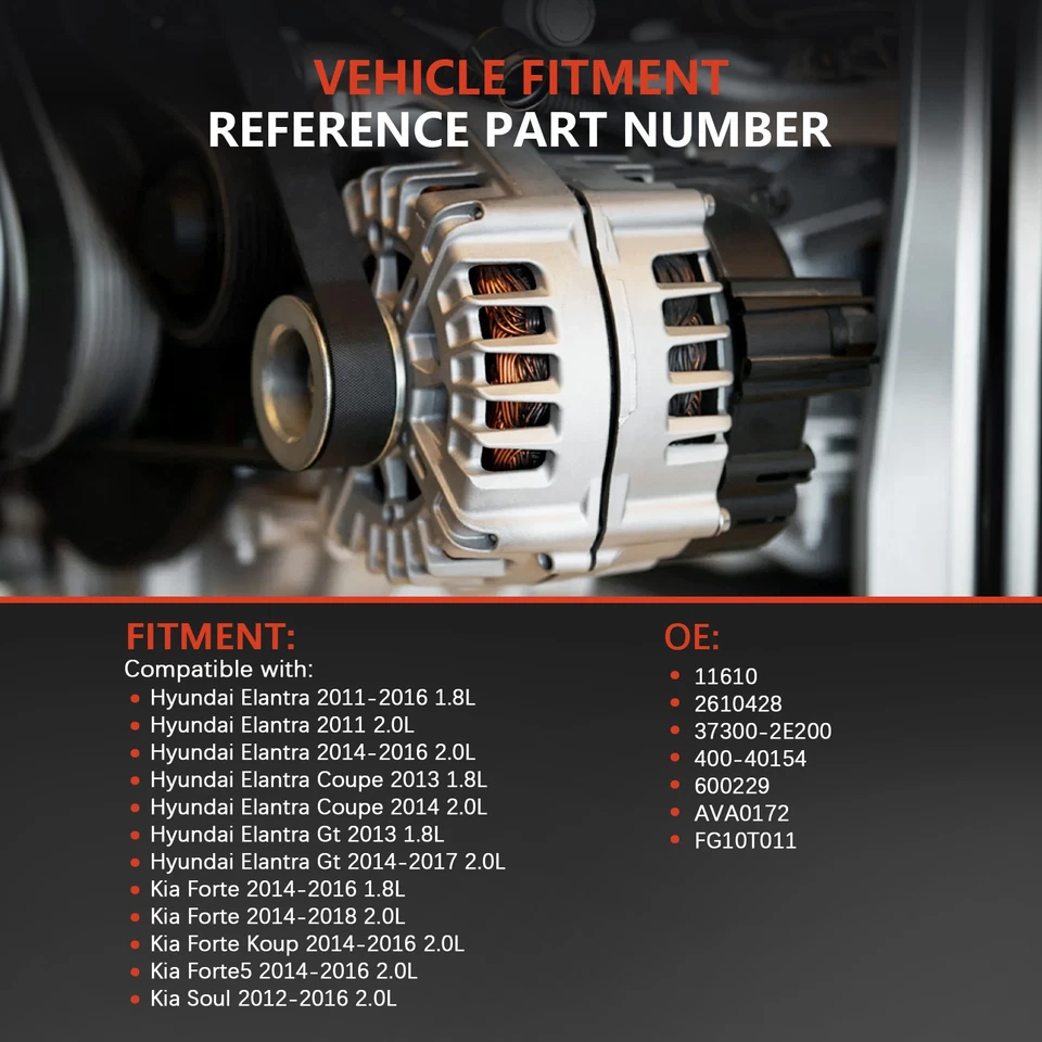 Alternador compatible con Hyundai Elantra 2011-2017 2012-2018 Kia Forte Soul 1,8 L 2,0 L Foto 2 de 4