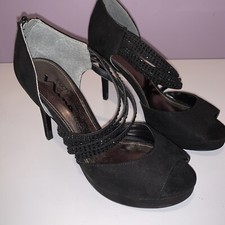 Nina Womens Black Suede High Heel Stiletto Shoes Beaded Straps Zip Up Size 7.5M