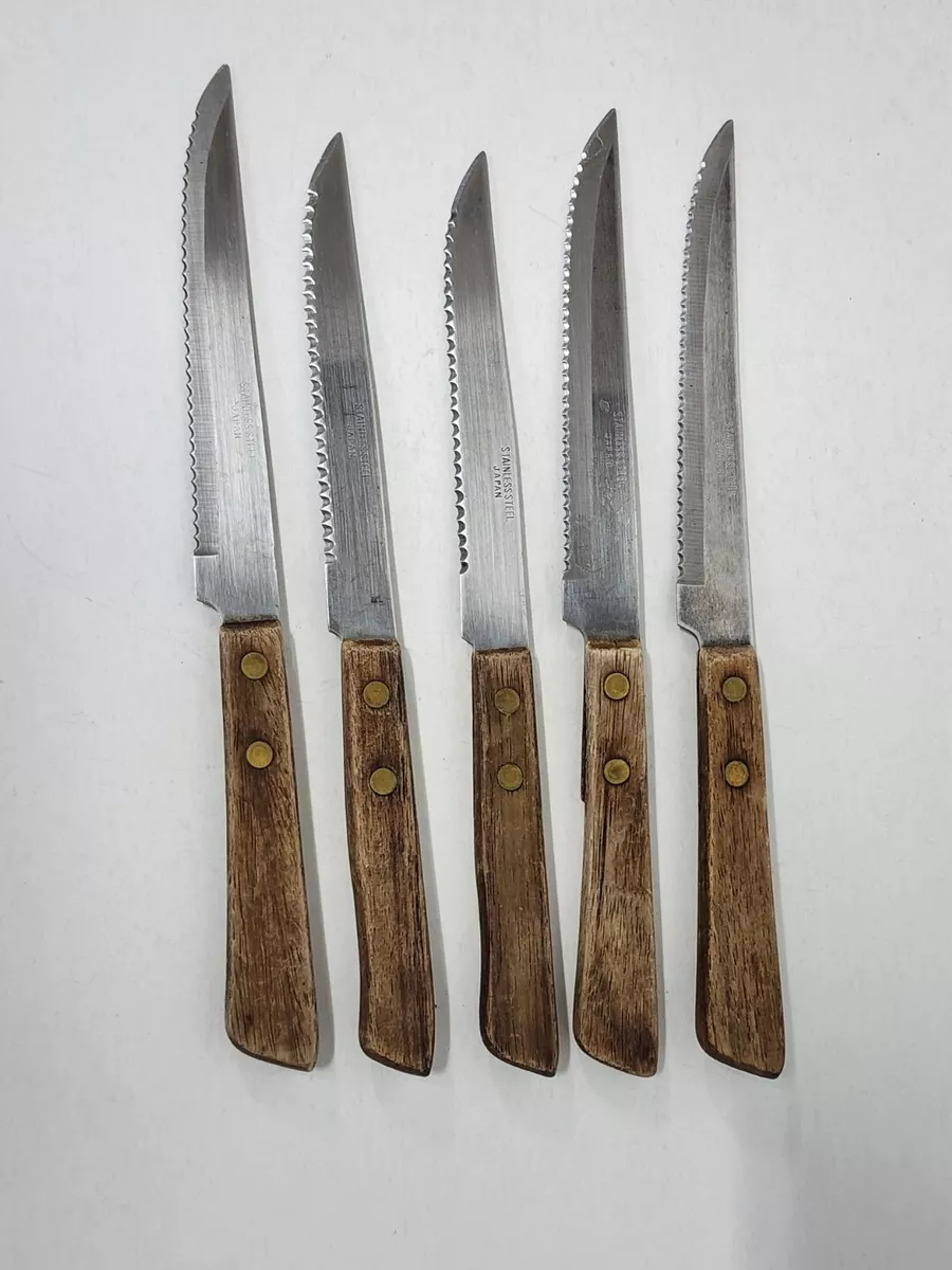 Vintage Steak Knives Stainless Light Wooden Handle Serrated Edge Japan Lot  of 5