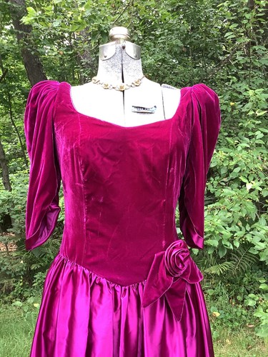 Vintage 1980’s Formal Satin Silk Velvet Raspberry Dress Gown 34-26-64 vintage 9 - Picture 2 of 9