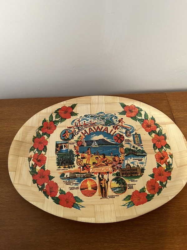 Vintage Hawaiian Bamboo Serving Tray Aloha Island Print
