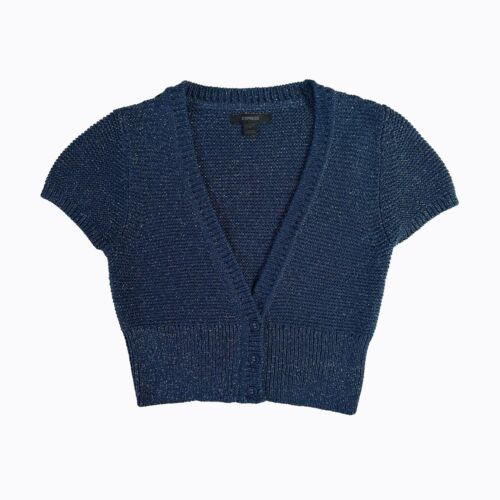 Express Y2K 90s Navy Shimmer Metallic Bolero Crop Top Short Sleeve Cardigan Sz S