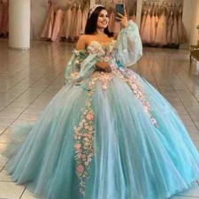 Light Blue Quinceanera Dresses Shiny Colorful 3D Flower Prom Ball Gowns Sweet 16