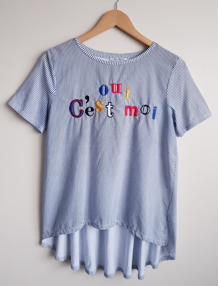 ZARA OUI C'EST MOI SLOGAN T-SHIRT STRIPED TOP DIPPED HEM SIZE M *FLAW*