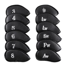 12pcs PU Leather Golf Head Covers Set Black Golf Iron Headcovers Protection 