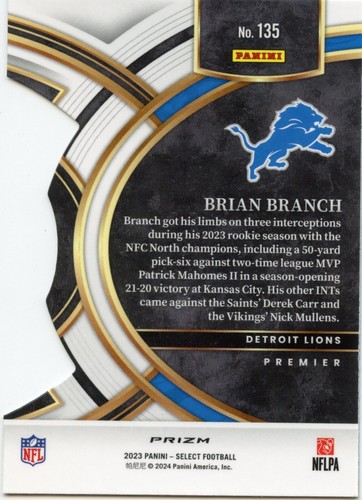 Brian Branch 2023 Panini Select Premier Level #135 Black & Gold Prizm Die-Cut - Picture 2 of 2