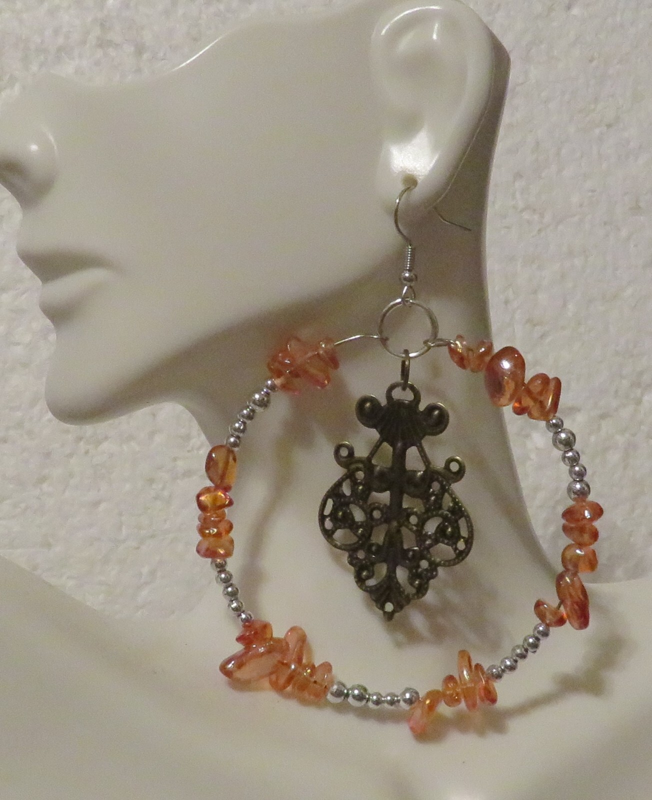 Hoop Earrings Orange Chip Glass with Silver Bead Compliment Filigree Center-image