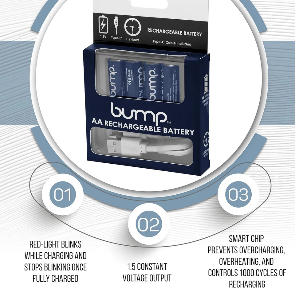 Bump 4 pack USB AA Lithium ion Rechargeable Batteries 1.5V 2600mWh w/USB-C Cable - Image 3 of 4