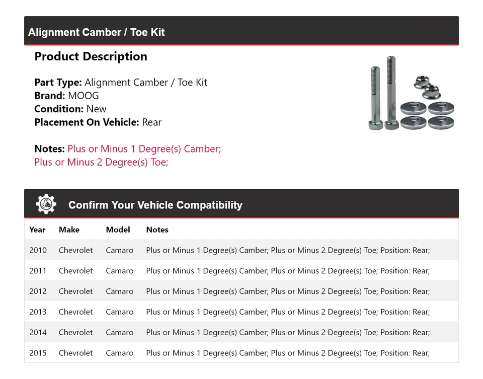 Kit de inclinación/puntera trasera MOOG 2010-2015 Chevrolet Camaro 2010 2011 Foto 2 de 3