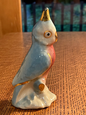 Adorable Parakeet Hand Painted Red & Blue W/Gold Trim/Brushing, 6''