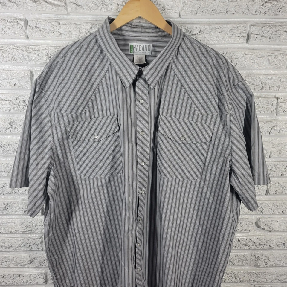 Haband Mens Shirt 3XL Western Short Sleeve Gray Stripe Snaps Pockets Lightweight - Image 3 of 4