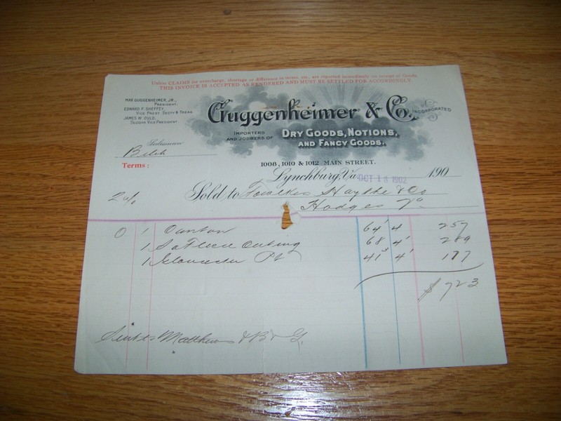 1902 Guggenheimer & Co Lynchburg VA James W. Ould Edward F. Sheffey