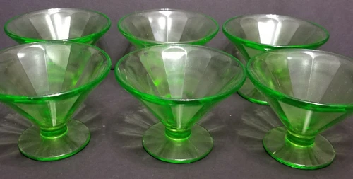 Green Depression 6 Uranium Glass Sherbet Optic Panel Federal Cone Shape Vintage