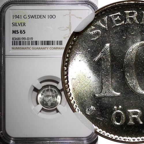 SWEDEN Gustaf V Silver 1941 G 10 Ore NGC MS65 WWII ISSUE 1 GRADED HIGHER KM# 780
