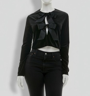Alex & Sophia Women's Juniors Black Bow-Front Long-Sleeve Velvet Jacket Size M